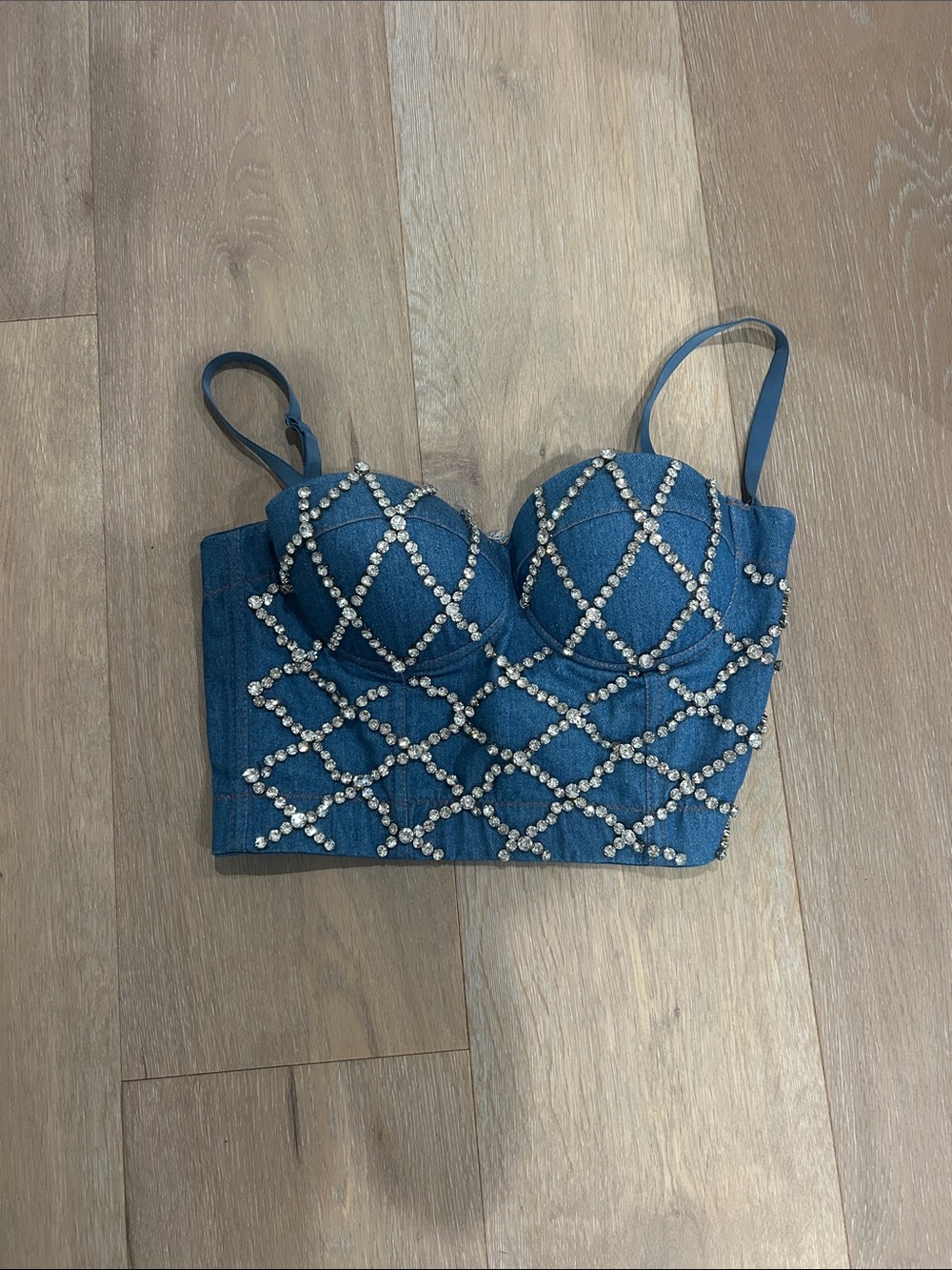 Embellished Denim Bustier Crop Top - Blue B-cup